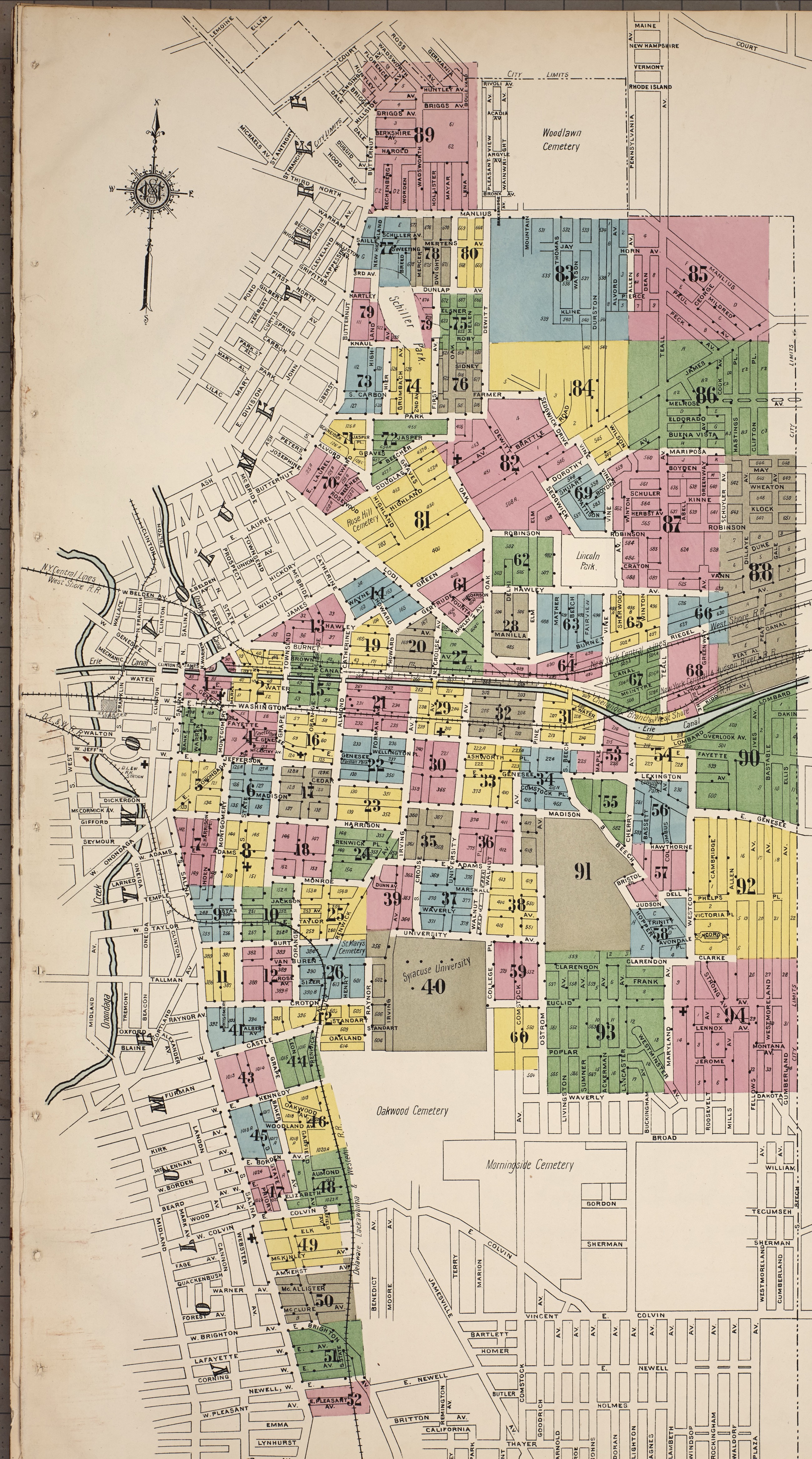 Key map of Syracuse from the 1910 Sanborn fire insurance atlas, volume 1, showing the street plan and the numbered sheets.